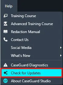Check-for-Updates-option-1 | CaseGuard Vertical software navigation menu listing options like Training Course, Redaction Manual, Contact Us, About CaseGuard Studio, with 'Check for Updates' highlighted in blue.