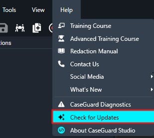 Open dropdown menu in CaseGuard Studio showing options such as Training Course, Redaction Manual, What's New, and Check for Updates highlighted.