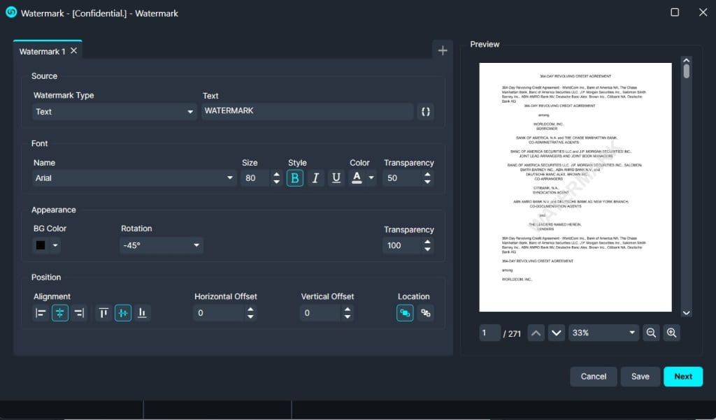 Watermark editor: Text watermark 'WATERMARK' set in Arial 80 bold blue; preview of a document page.