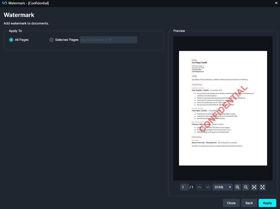 Adding watermark to pages with CaseGuard's automated document redaction software. 