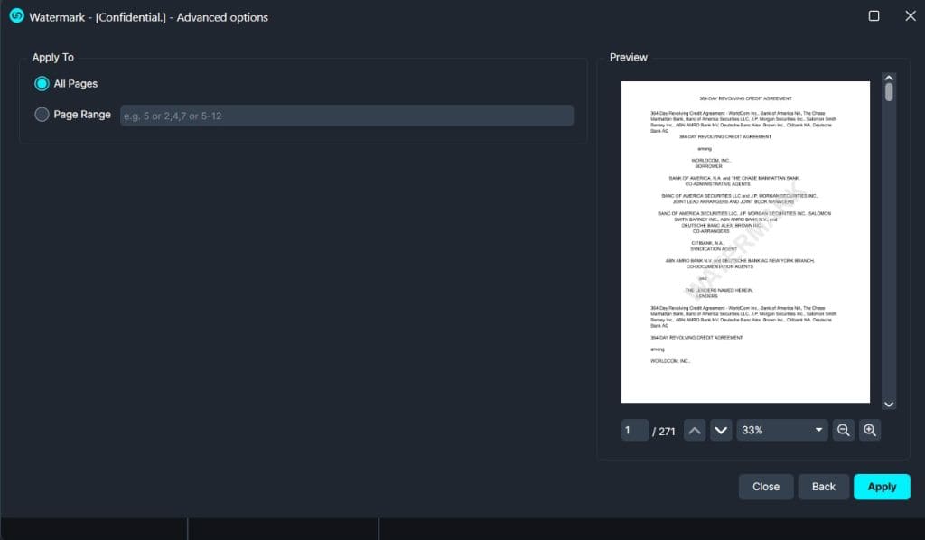 Watermark settings dialog: Apply to All Pages selected, Page Range field, and a document preview on the right.