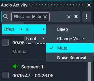 Screenshot of an audio editing app with the Effects menu open; Mute is selected, showing options like Bleep, Change Voice, and Noise Removal.