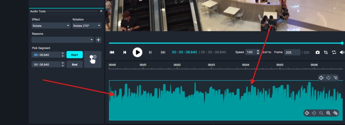 Screenshot of a video editor interface showing an audio waveform on the timeline and playback controls on top/center panel, with a left-side audio tools panel visible.