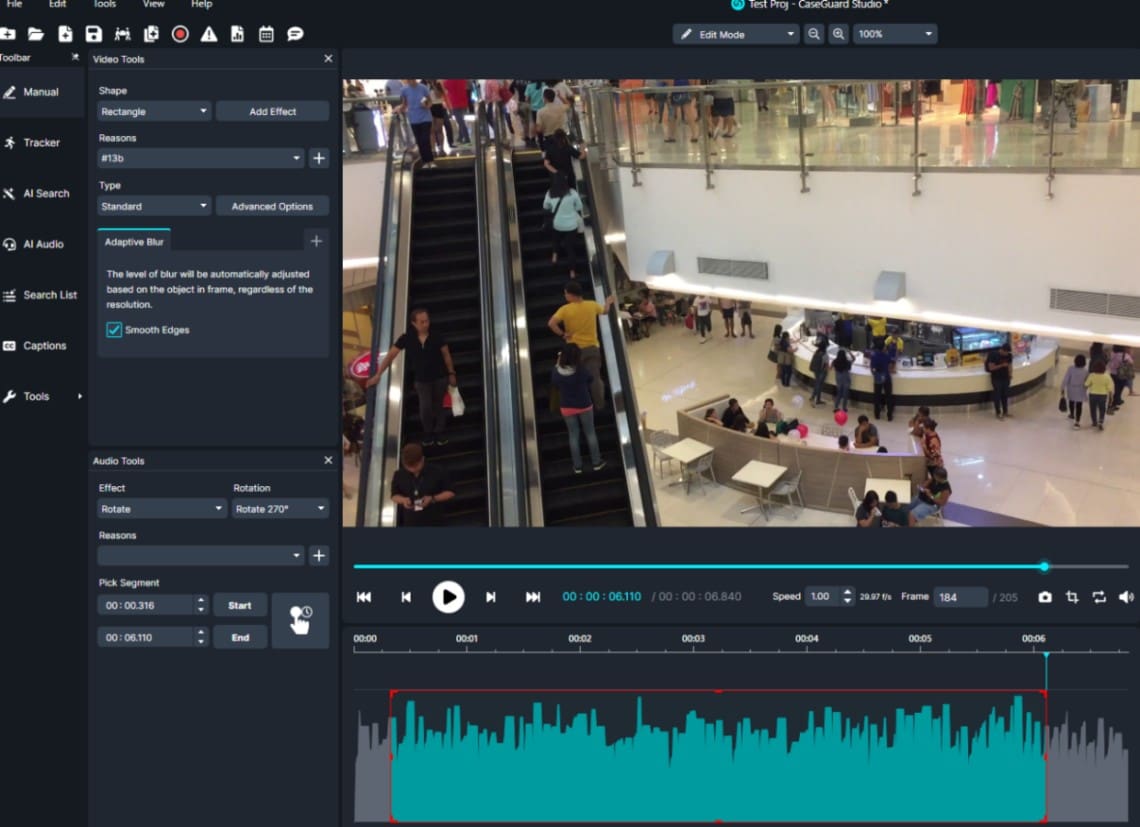 Video editing interface showing a mall scene on the preview window, with editing panels on the left and a timeline/waveform below the video.