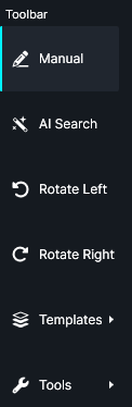 image-tools | CaseGuard Vertical dark toolbar with menu items: Manual (selected), AI Search, Rotate Left, Rotate Right, Templates, Tools.