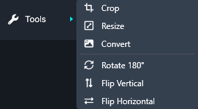 tools | CaseGuard Tools menu opened with image editing options: Crop, Resize, Convert, Rotate 180°, Flip Vertical, Flip Horizontal.