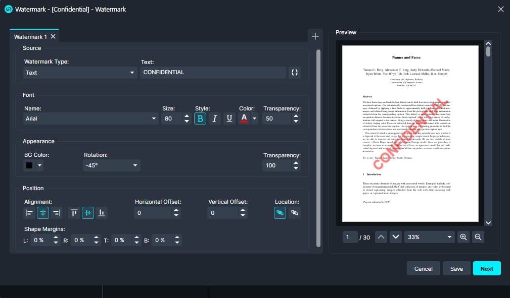 CaseGuard's watermark setup window under it's document redaction tools. 
