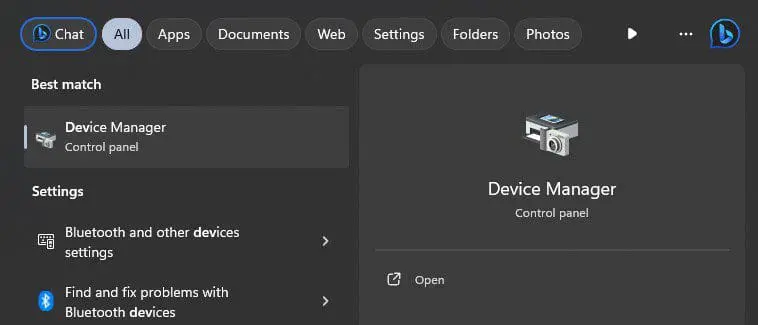 Screenshot of Windows search results showing Device Manager selected in the left pane and a Device Manager card with its icon on the right in dark mode