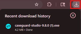 Recent download history panel showing file 'caseguard-studio-9-8.0 (1).exe', 4.2 MB, status Done.