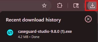 Recent download history panel showing file 'caseguard-studio-9-8.0 (1).exe', 4.2 MB, status Done.