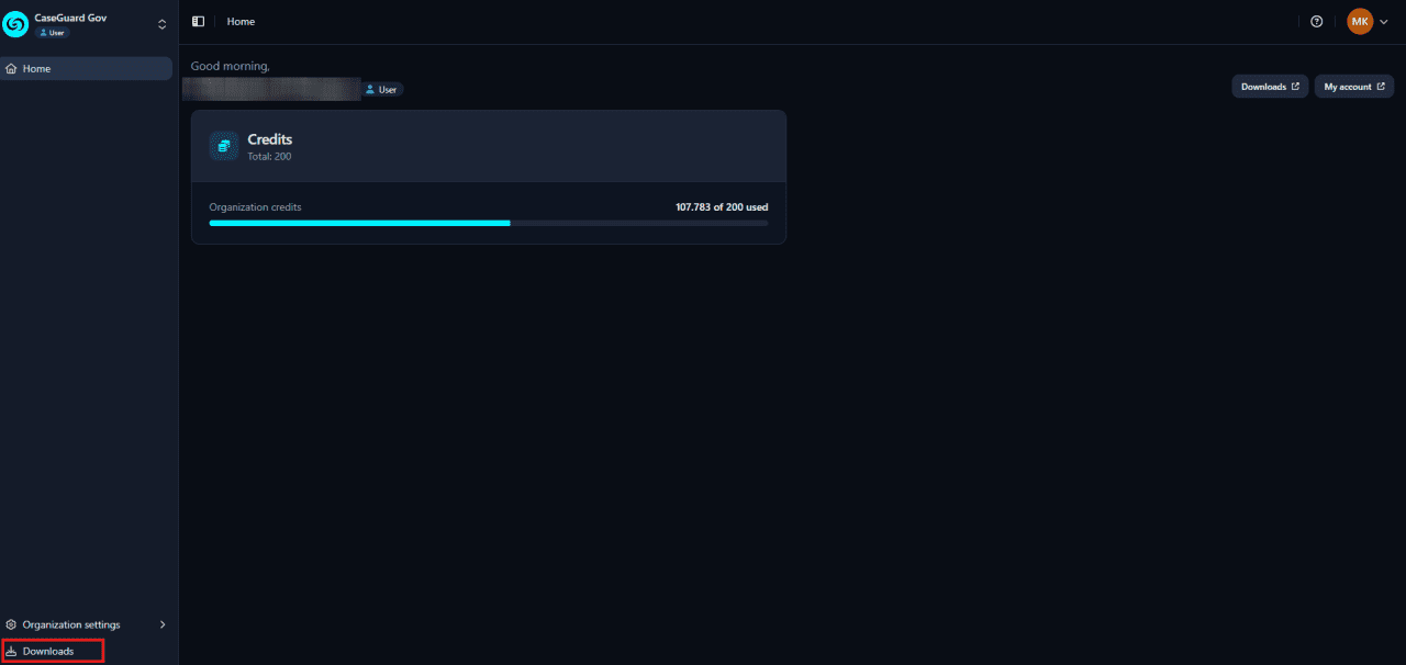 Dark dashboard screenshot with a 'Credits' card and a horizontal progress bar labelled 'Organization credits'; left sidebar shows Home highlighted, bottom-left Downloads option visible.