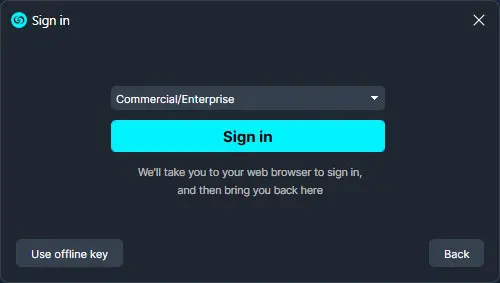 Sign-in modal: dropdown shows 'Commercial/Enterprise', cyan 'Sign in' button, helper text about signing in via browser, with 'Use offline key' and 'Back' buttons.