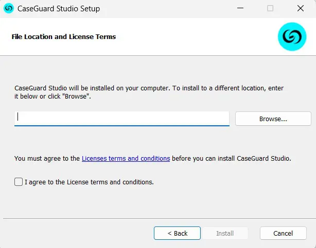 CaseGuard Studio Setup: install location dialog with a path field, Browse button, License terms link, an'I agree' checkbox, and Back, Install (disabled), Cancel buttons.