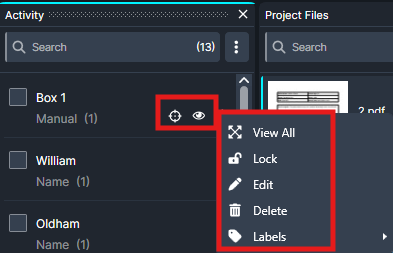 Options | CaseGuard UI: Left activity panel showing items (Box 1, William, Oldham) with gear/eye icons for item options; to the right a project files pane and a context menu listing View All, Lock, Edit, Delete, Labels.