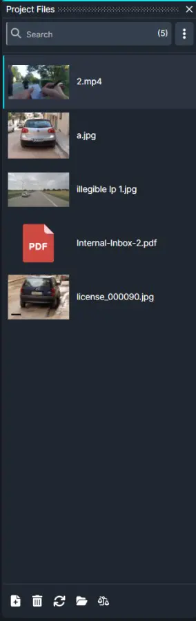 Project-Files | CaseGuard Dark project files panel with a search bar and five items: 2.mp4, a.jpg, illegible lp 1.jpg, Internal-Inbox-2.pdf, license_000090.jpg, on a vertical list.