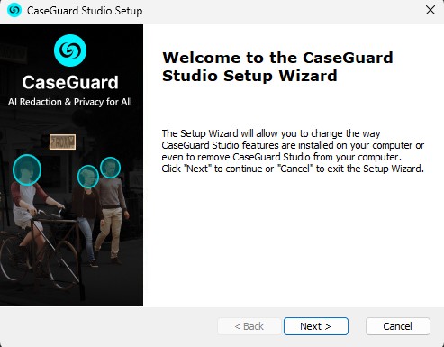 Welcome screen for CaseGuard Studio Setup Wizard showing CaseGuard logo and setup instructions