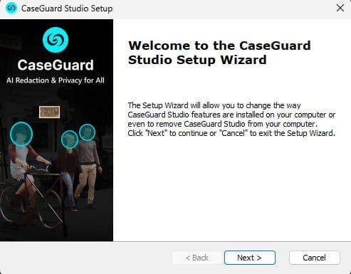 Welcome screen for CaseGuard Studio Setup Wizard showing CaseGuard logo and setup instructions