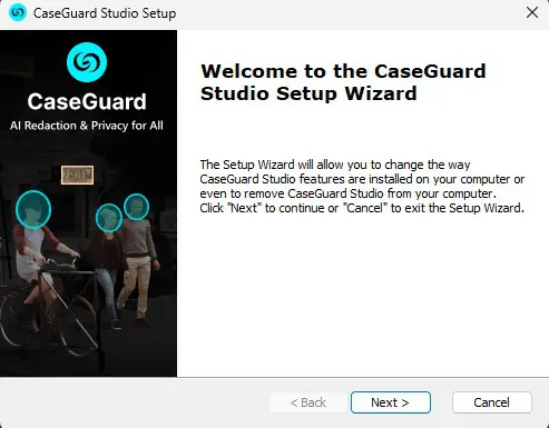 CaseGuard Studio Setup Wizard welcome screen with logo and a left image of people, and the title 'Welcome to the CaseGuard Studio Setup Wizard' with setup instructions; Next and Cancel buttons at the bottom.