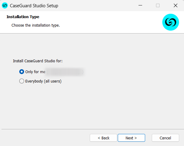 CaseGuard Studio Setup dialog prompting to choose install scope: 'Only for me' or 'Everybody (all users)'.