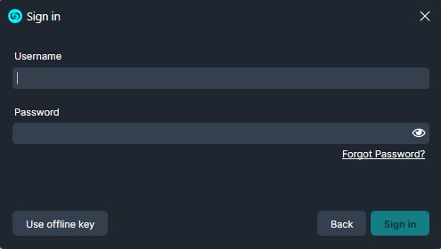 Sign-in dialog with Username and Password fields, Forgot Password? link, and buttons for Use offline key, Back, and Sign in