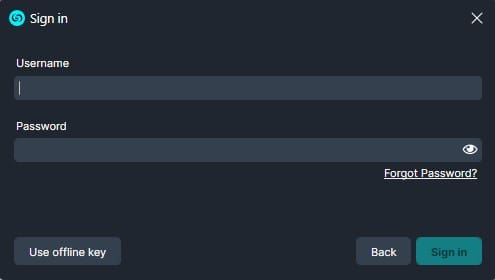 Sign-in dialog with Username and Password fields, Forgot Password? link, and buttons for Use offline key, Back, and Sign in