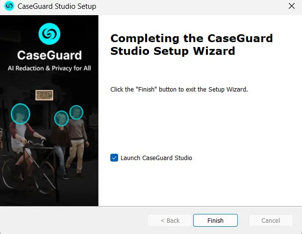 Completion screen of CaseGuard Studio Setup Wizard showing logo and a group of people with blue face markers on the left, and a checked 'Launch CaseGuard Studio' option with a highlighted Finish button.
