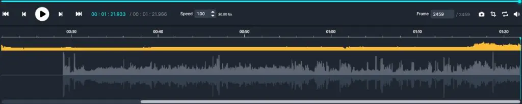 Video-Player-1024x205 1 | CaseGuard Dark media player/editor showing two audio waveforms on a timeline: an orange top track and a gray bottom track, with playback controls on the left and speed/frame indicators at the top.