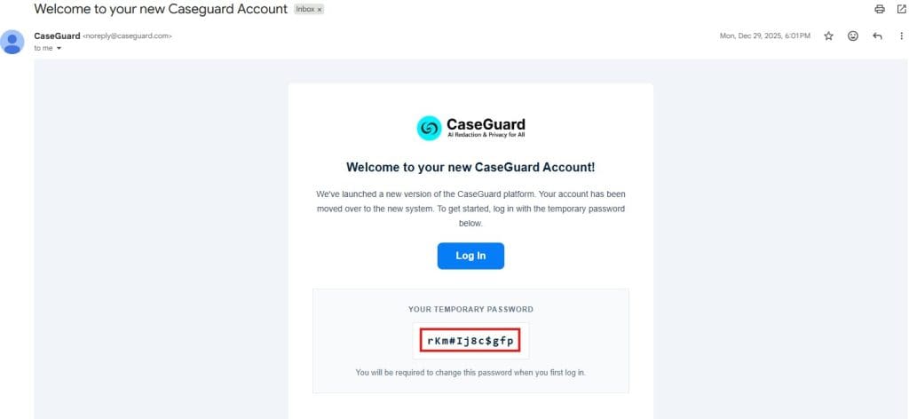 Screenshot of a CaseGuard welcome email: 'Welcome to your new CaseGuard Account' with a blue Log In button and a red-outlined box showing the temporary password displayed inside the box.