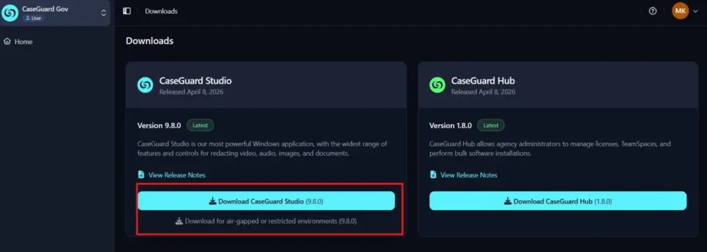Downloads page with two product cards; the blue 'Download CaseGuard Studio (9.8.0)' button is highlighted, plus an air-gapped note below it.