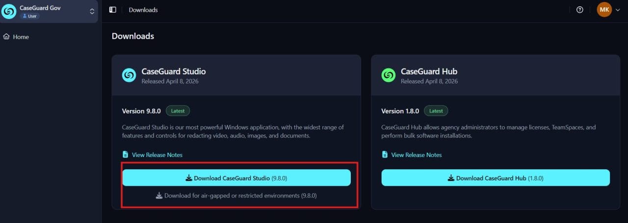Downloads page with two panels: CaseGuard Studio (version 9.8.0) and CaseGuard Hub (version 1.8.0) and their download buttons; a secondary air-gapped download option is visible.