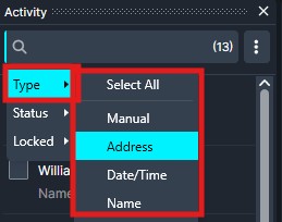 document-filter | CaseGuard Activity panel with a Type filter dropdown expanded showing options: Select All, Manual, Address, Date/Time, Name, in a dark UI.