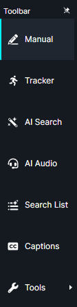 Vertical toolbar menu with items: Manual, Tracker, AI Search, AI Audio, Search List, Captions, Tools.