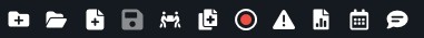 Row of small white action icons on a dark header toolbar, including save, print, record, calendar, and chat options.