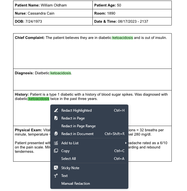 Medical record page with patient details: William Oldham, age 50, nurse Cassandra Cain, room 1890; DOB 7/24/1973; date/time 08/17/2023 21:37. Chief complaint cites possible diabetic ketoacidosis and insulin omission. Diagnosis: diabetic ketoacidosis. History notes type 1 diabetes with prior DKA episodes in past three years. Physical exam section mentions vital signs and general assessment.