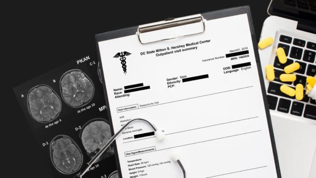 Redacted medical record, highlighted PHI that has been redacted to protect data privacy in healthcare industry