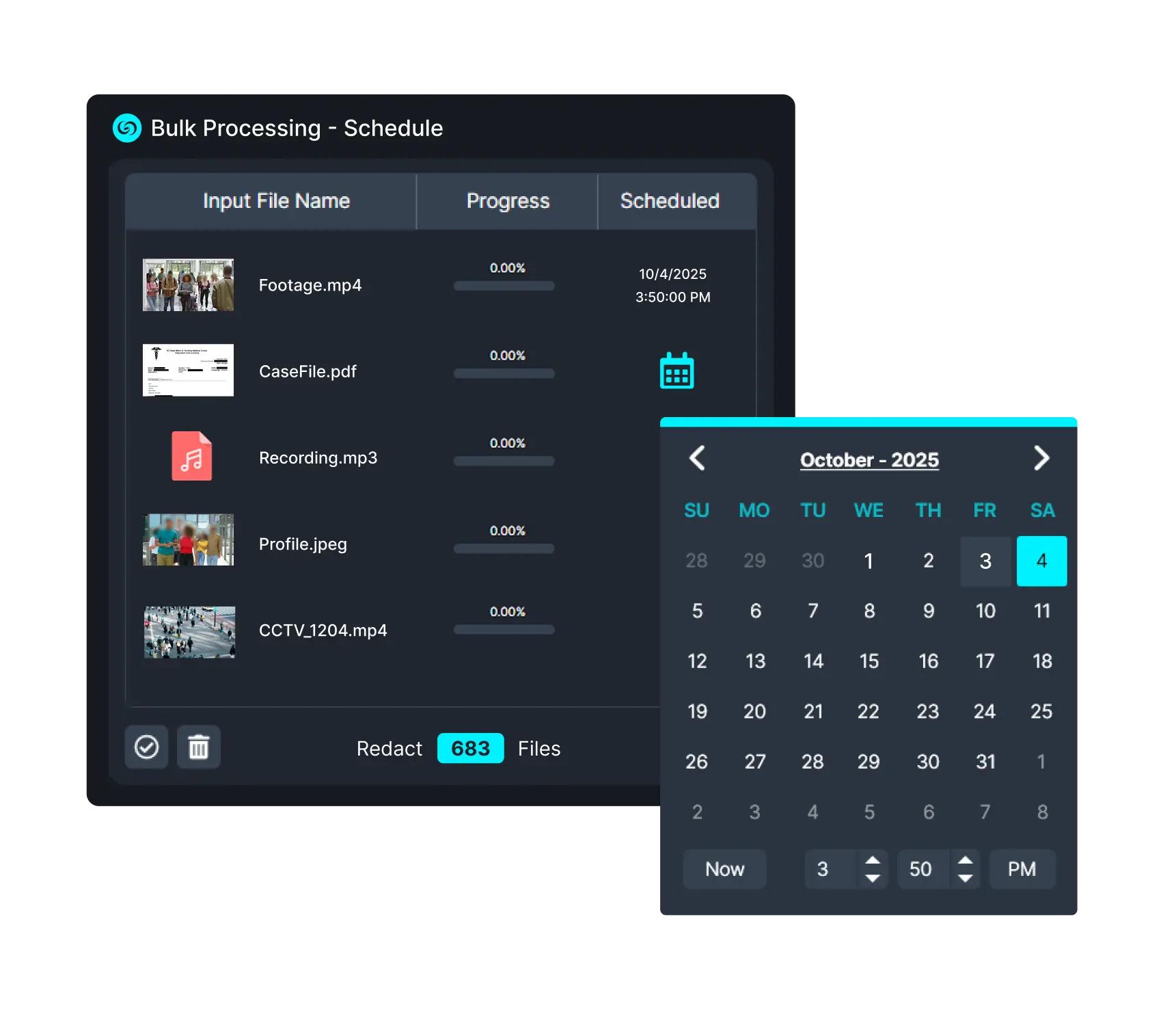 CaseGuard's bulk scheduler feature lets you schedule redactions and meet deadlines even when you are away from your desk.