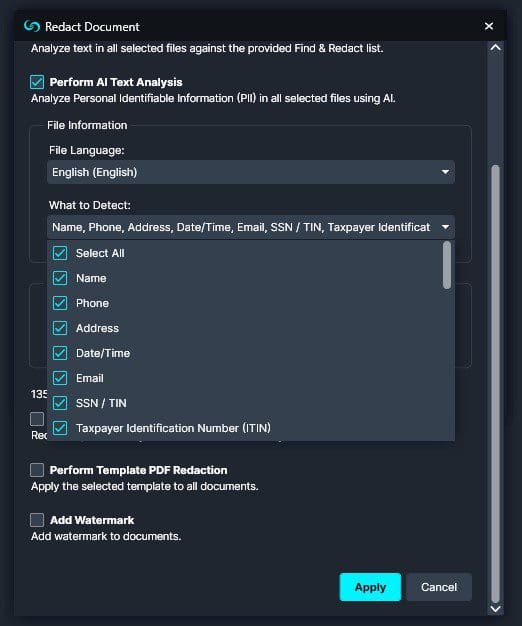Perform Watcher AI Text Analysis | CaseGuard Select what Personally Identifiable Information Should Be Redacted using AI.