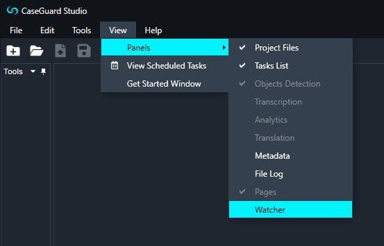 Watcher-Panel-Selection | CaseGuard Select the Watcher Panel Option By going to "View" "Panels" "Watcher"