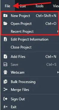 File menu open with New Project, Open Project, and Recent Project options highlighted.