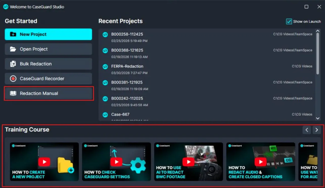 CaseGuard Studio UI with left navigation showing New Project, Open Project, Redaction Manual; Training Course banners at bottom.