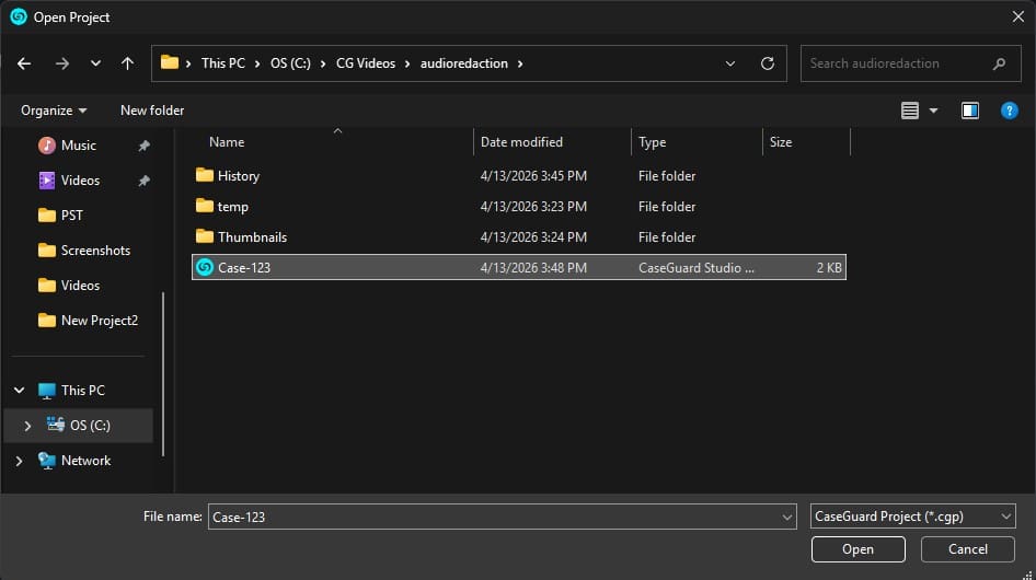 Open File dialog showing Case-Guard project: selecting Case-123 (*.cgp) in OS (C:) under audioreducation/CG Videos
