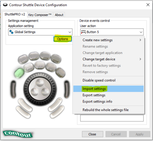 contour-shuttle-pro-device-configuration-window