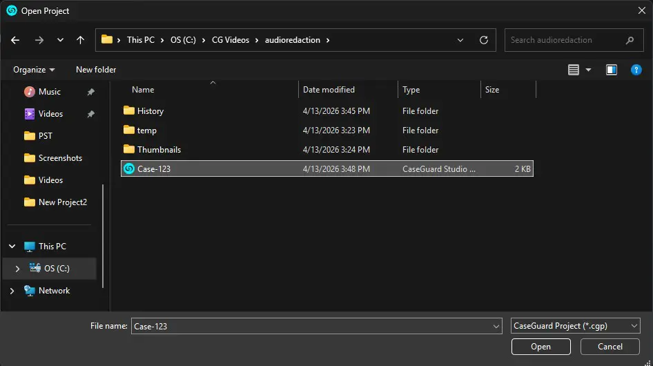 Open Project dialog showing a Case-Guard project file named Case-123 selected in the audioreredaction folder path OS (C:) > CG Videos > audioreredaction; file type CaseGuard Studio, 2 KB size.