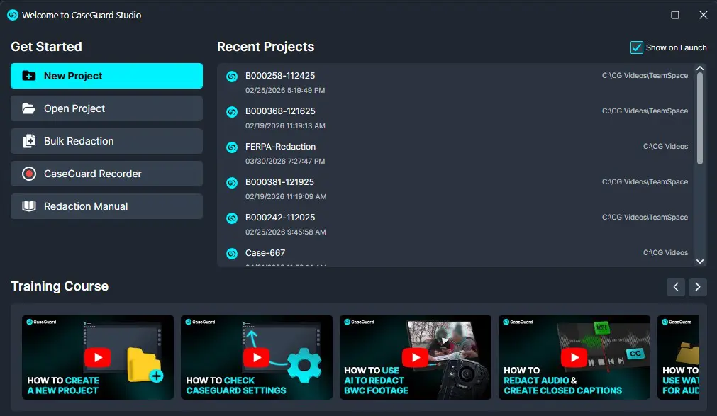 CaseGuard Studio main dashboard with Get Started menu and a Recent Projects list on the right side.