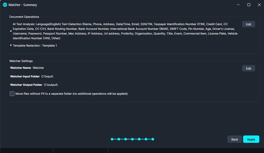 Screenshot of a Watcher - Summary window showing Document Operations text, an Edit button, Watcher Settings with names and input/output folders and a Move files checkbox, plus Back and Apply buttons and a progress indicator.