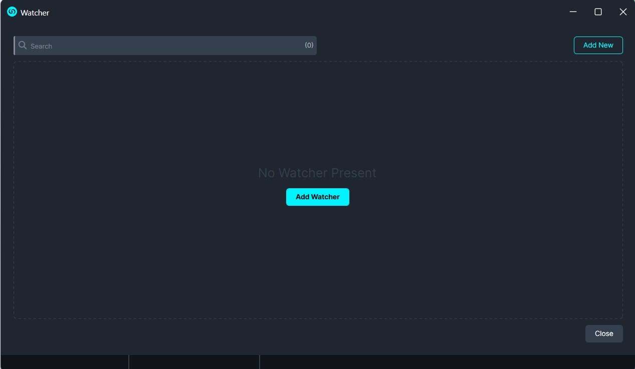Watcher app dashboard showing no watchers; large empty panel with a centered "Add Watcher" button and a top search bar.