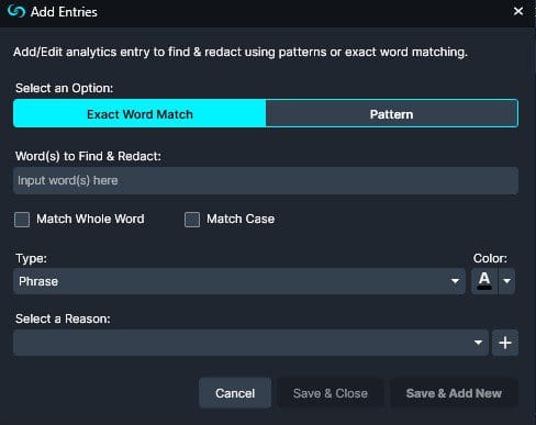 add entries find and redact