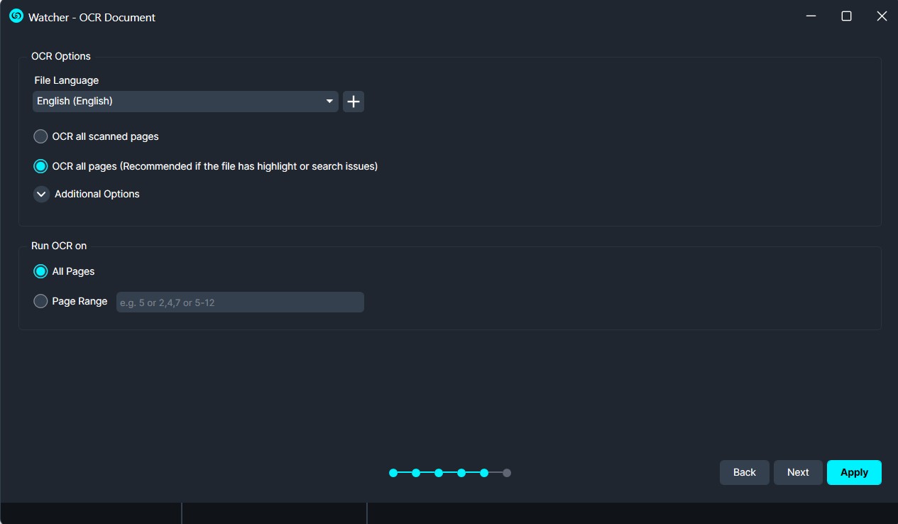 Screenshot of OCR options: language set to English, with all pages selected and an All Pages run option active, Apply button on the bottom right.