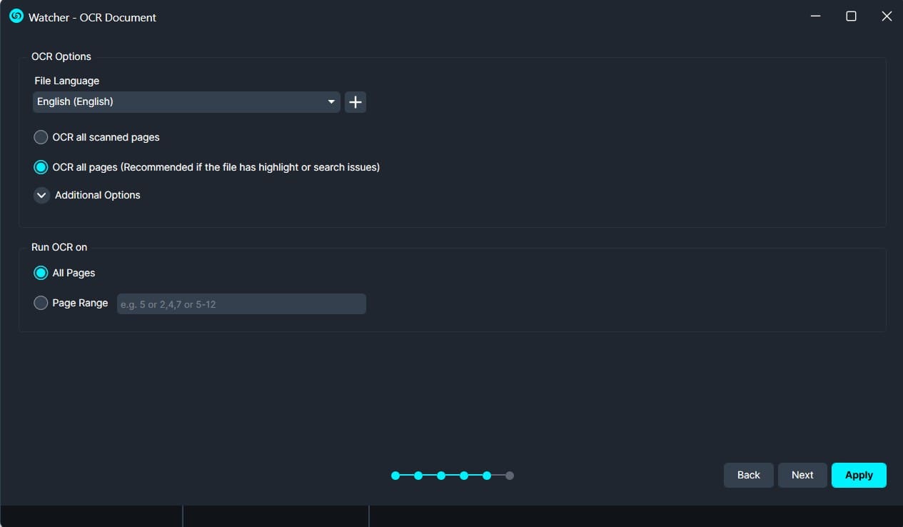 Screenshot of OCR options: language set to English, with all pages selected and an All Pages run option active, Apply button on the bottom right.