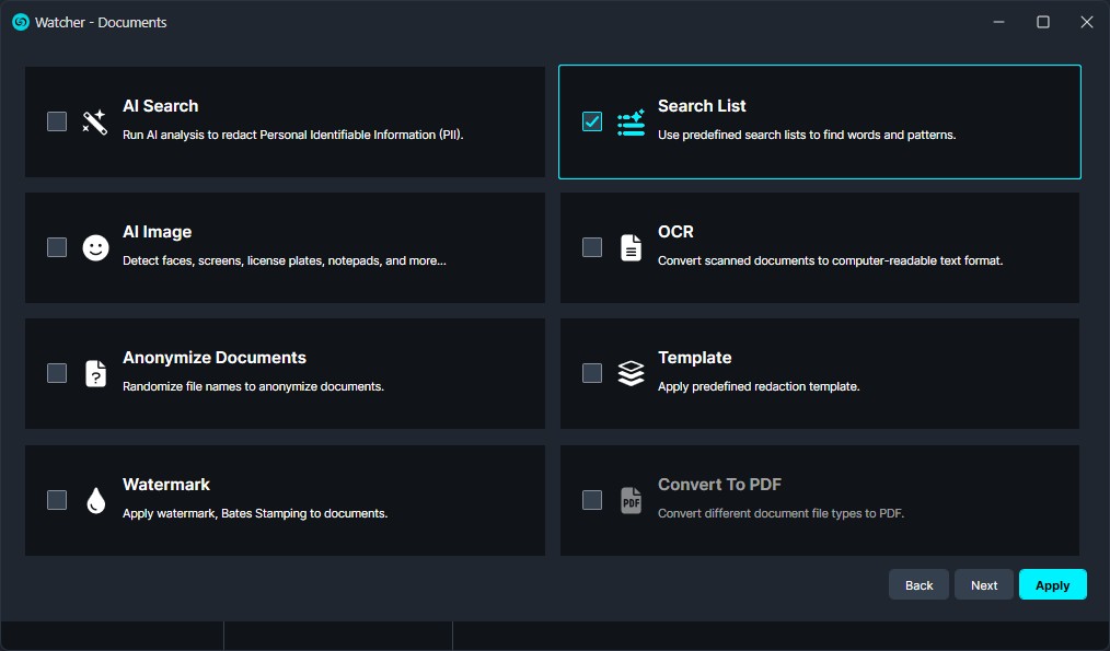 Dashboard of a document tool showing selectable features: AI Search, Search List (highlighted), AI Image, OCR, Anonymize Documents, Template, Watermark, and Convert To PDF. Apply button active.